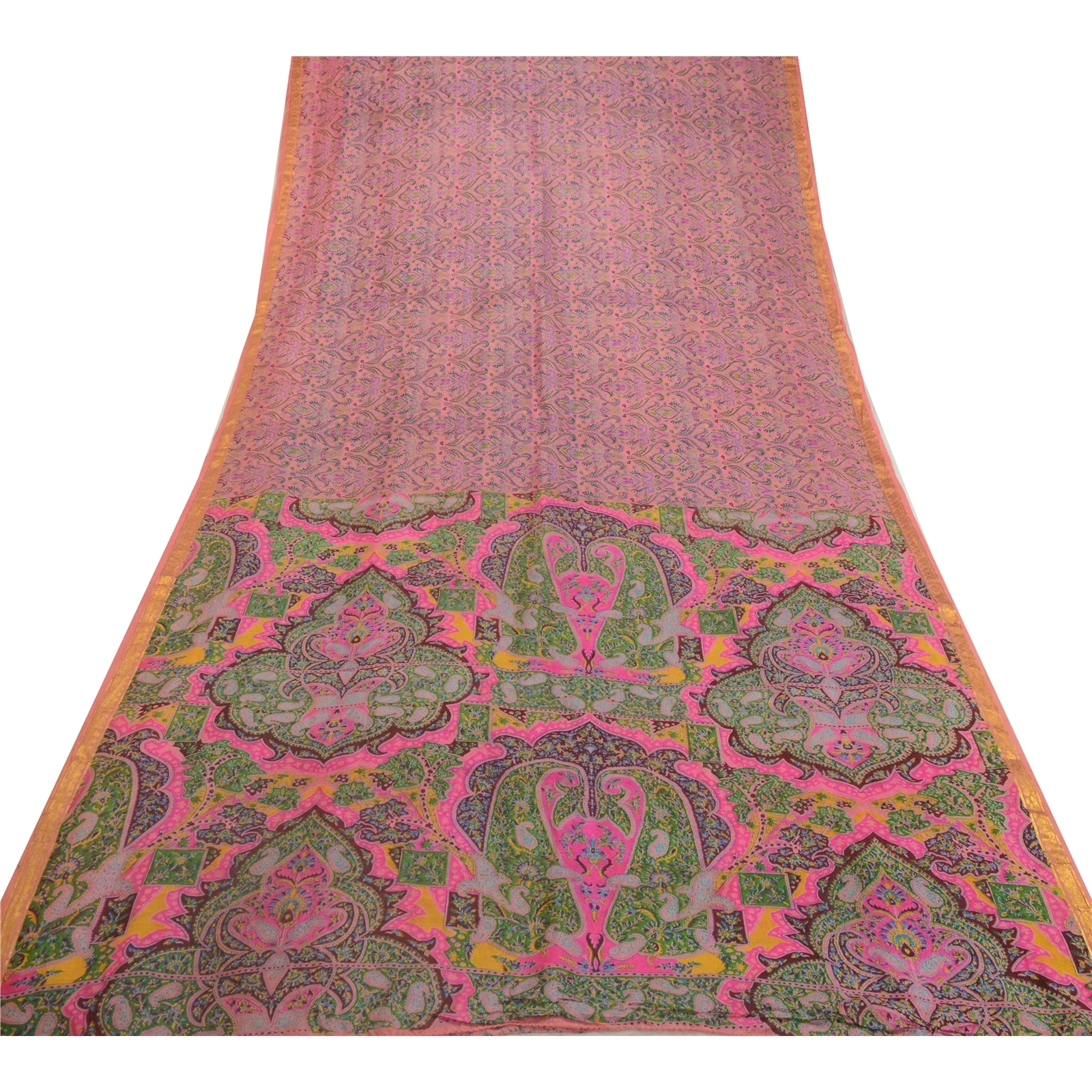 Sanskriti Vintage Sarees Pink Zari Border Pure Silk Printed Sari Craft Fabric, PR-64611-Pink-Pure Silk-11