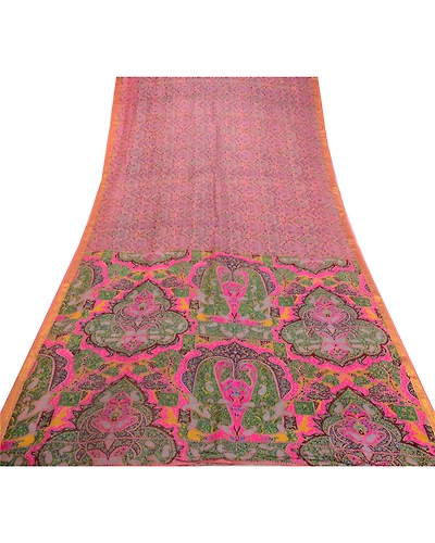Sanskriti Vintage Sarees Pink Zari Border Pure Silk Printed Sari Craft Fabric, PR-64611-Pink-Pure Silk-11