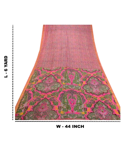 Sanskriti Vintage Sarees Pink Zari Border Pure Silk Printed Sari Craft Fabric, PR-64611-Pink-Pure Silk-12