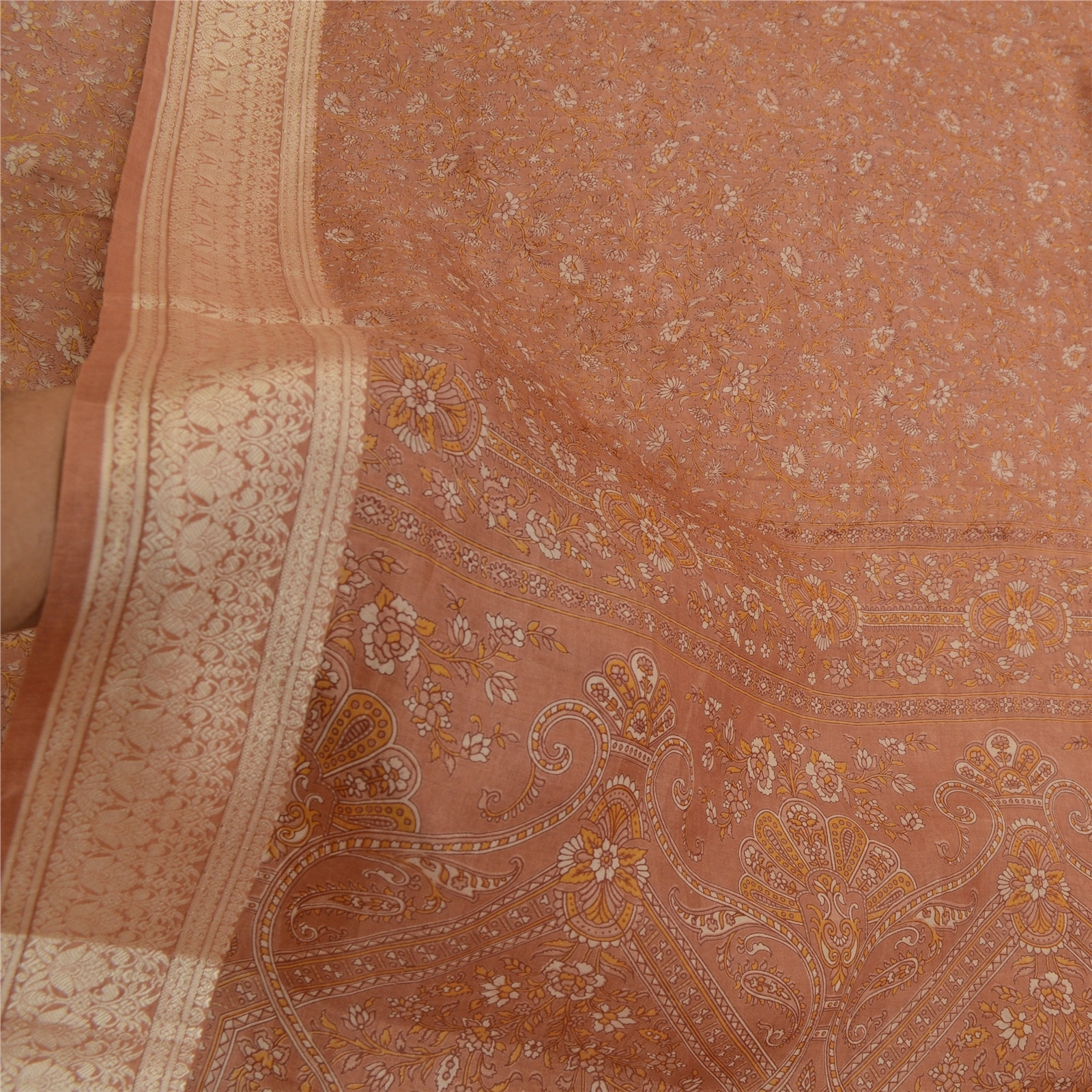 Sanskriti Vintage Sarees Dusty Pink Pure Silk Printed Sari Soft 5Yd Craft Fabric, PR-64616-Dusky Pink-Pure Silk-8