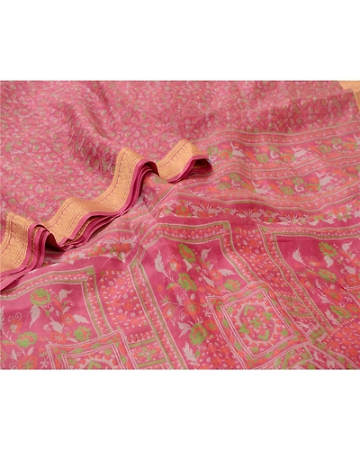 Sanskriti Vintage Sarees Blush-Pink Pure Silk Printed Sari Soft 5Yd Craft Fabric, PR-64620-Blush-Pink-Pure Silk-5