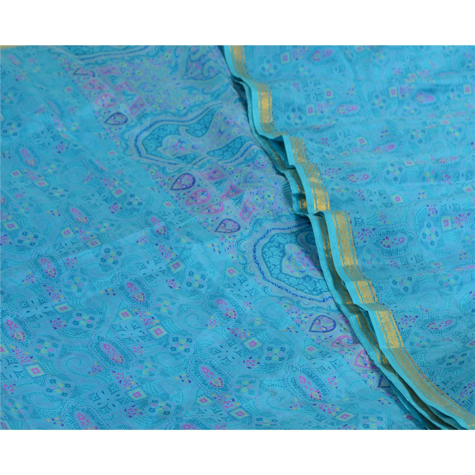 Sanskriti Vintage Sarees Blue Zari Border Pure Silk Printed Sari Craft Fabric, PR-64621-Blue-Pure Silk-1