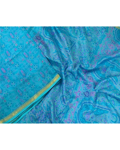 Sanskriti Vintage Sarees Blue Zari Border Pure Silk Printed Sari Craft Fabric, PR-64621-Blue-Pure Silk-3