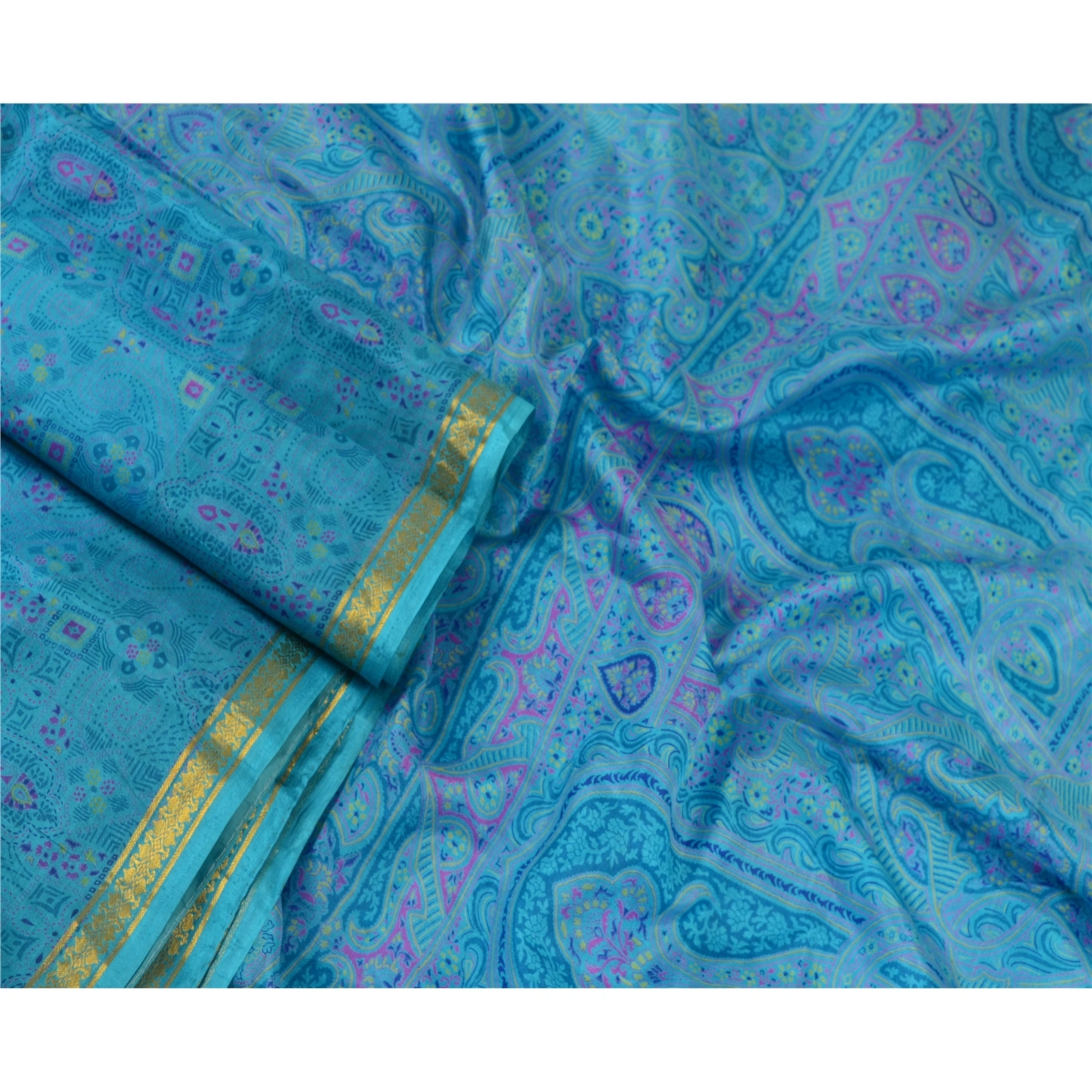 Sanskriti Vintage Sarees Blue Zari Border Pure Silk Printed Sari Craft Fabric, PR-64621-Blue-Pure Silk-4