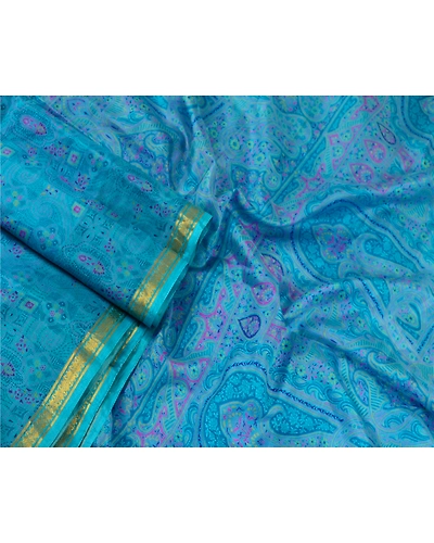 Sanskriti Vintage Sarees Blue Zari Border Pure Silk Printed Sari Craft Fabric, PR-64621-Blue-Pure Silk-4