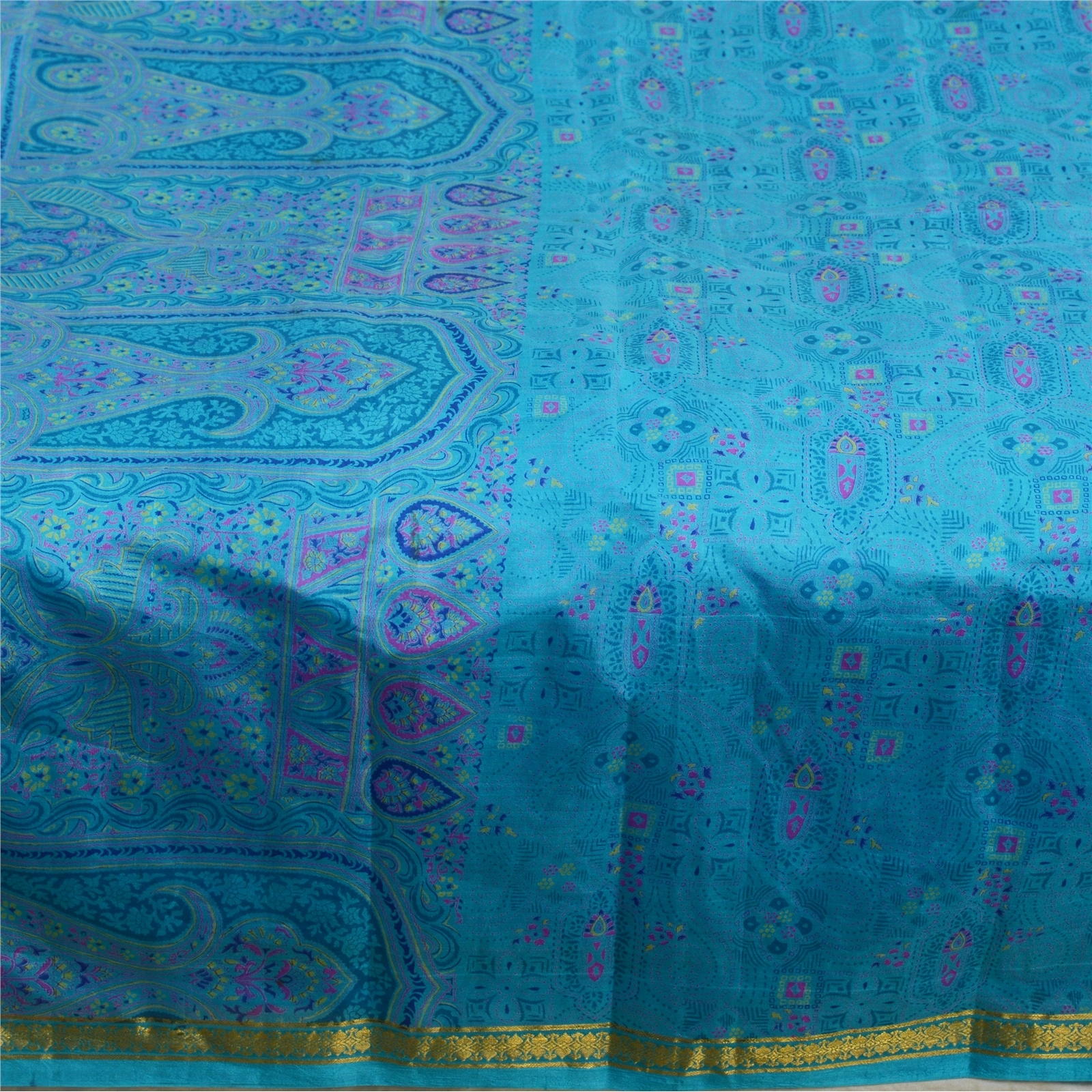 Sanskriti Vintage Sarees Blue Zari Border Pure Silk Printed Sari Craft Fabric, PR-64621-Blue-Pure Silk-6