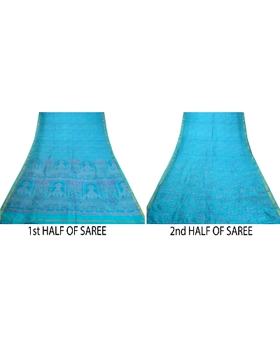 Sanskriti Vintage Sarees Blue Zari Border Pure Silk Printed Sari Craft Fabric, PR-64621-Blue-Pure Silk-7