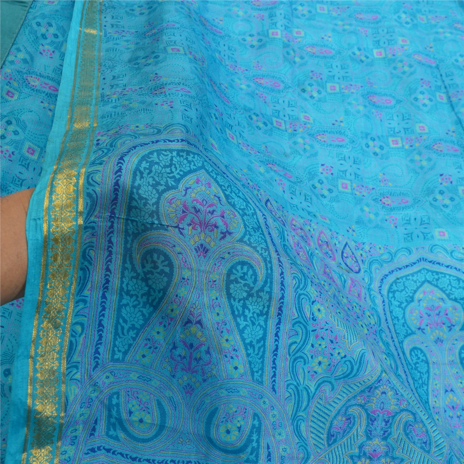 Sanskriti Vintage Sarees Blue Zari Border Pure Silk Printed Sari Craft Fabric, PR-64621-Blue-Pure Silk-8