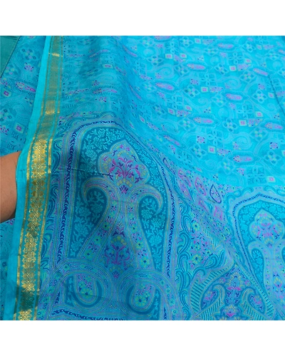 Sanskriti Vintage Sarees Blue Zari Border Pure Silk Printed Sari Craft Fabric, PR-64621-Blue-Pure Silk-8