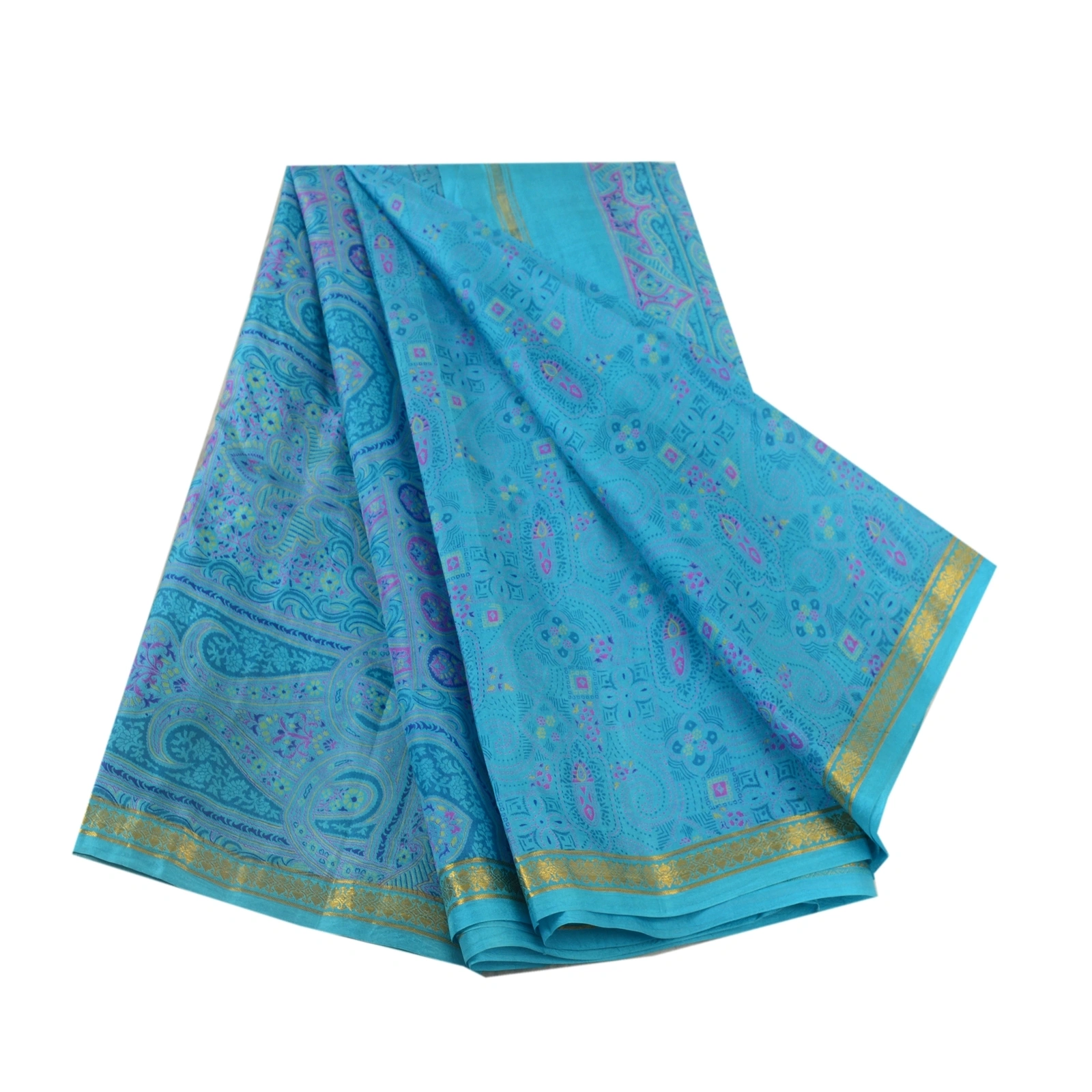 Sanskriti Vintage Sarees Blue Zari Border Pure Silk Printed Sari Craft Fabric, PR-64621-Blue-Pure Silk-10