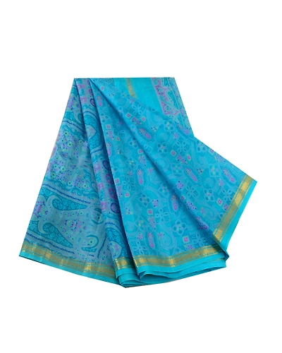 Sanskriti Vintage Sarees Blue Zari Border Pure Silk Printed Sari Craft Fabric, PR-64621-Blue-Pure Silk-10
