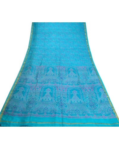 Sanskriti Vintage Sarees Blue Zari Border Pure Silk Printed Sari Craft Fabric, PR-64621-Blue-Pure Silk-11