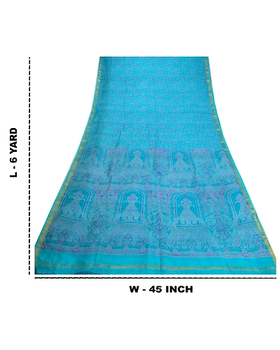Sanskriti Vintage Sarees Blue Zari Border Pure Silk Printed Sari Craft Fabric, PR-64621-Blue-Pure Silk-12