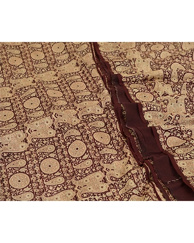 Sanskriti Vintage Sarees Dark- Brown Indian Printed Pure Silk Sari Craft Fabric, PR-64632-Dark-Brown-Pure Silk-1