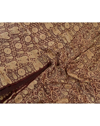 Sanskriti Vintage Sarees Dark- Brown Indian Printed Pure Silk Sari Craft Fabric, PR-64632-Dark-Brown-Pure Silk-3