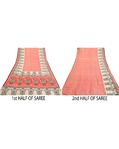 Sanskriti Vintage Sarees Red Hand-Block Printed Pure Silk Sari Soft Craft Fabric, PR-64633-Red-Pure Silk-8