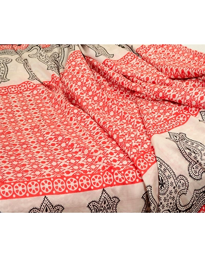 Sanskriti Vintage Sarees Red Hand-Block Printed Pure Silk Sari Soft Craft Fabric, PR-64633-Red-Pure Silk-10