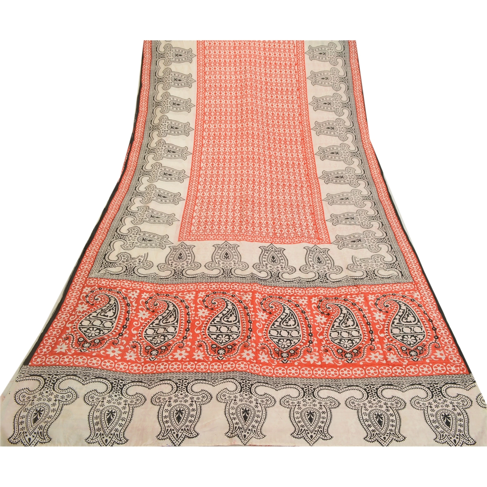 Sanskriti Vintage Sarees Red Hand-Block Printed Pure Silk Sari Soft Craft Fabric, PR-64633-Red-Pure Silk-12