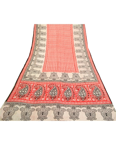 Sanskriti Vintage Sarees Red Hand-Block Printed Pure Silk Sari Soft Craft Fabric, PR-64633-Red-Pure Silk-12