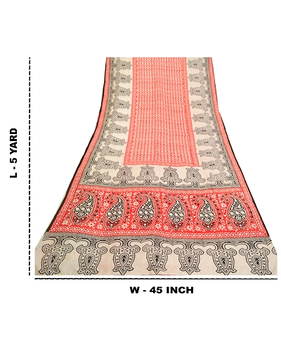 Sanskriti Vintage Sarees Red Hand-Block Printed Pure Silk Sari Soft Craft Fabric, PR-64633-Red-Pure Silk-13