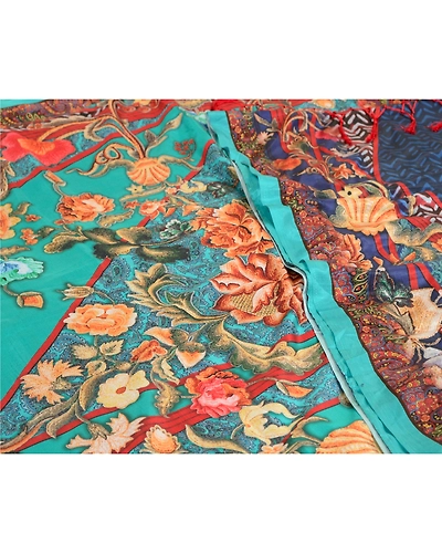 Sanskriti Vintage Sarees Indian Blue Printed Artificial Silk Sari Craft Fabric, PR-64634-Blue-Artificial Silk-1