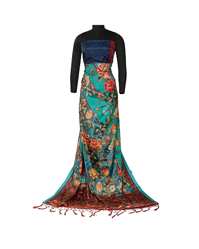 Sanskriti Vintage Sarees Indian Blue Printed Artificial Silk Sari Craft Fabric, PR-64634-Blue-Artificial Silk-2