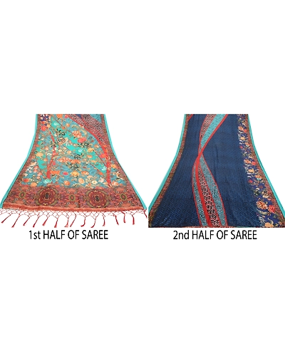 Sanskriti Vintage Sarees Indian Blue Printed Artificial Silk Sari Craft Fabric, PR-64634-Blue-Artificial Silk-7