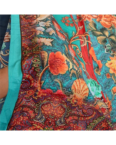 Sanskriti Vintage Sarees Indian Blue Printed Artificial Silk Sari Craft Fabric, PR-64634-Blue-Artificial Silk-8