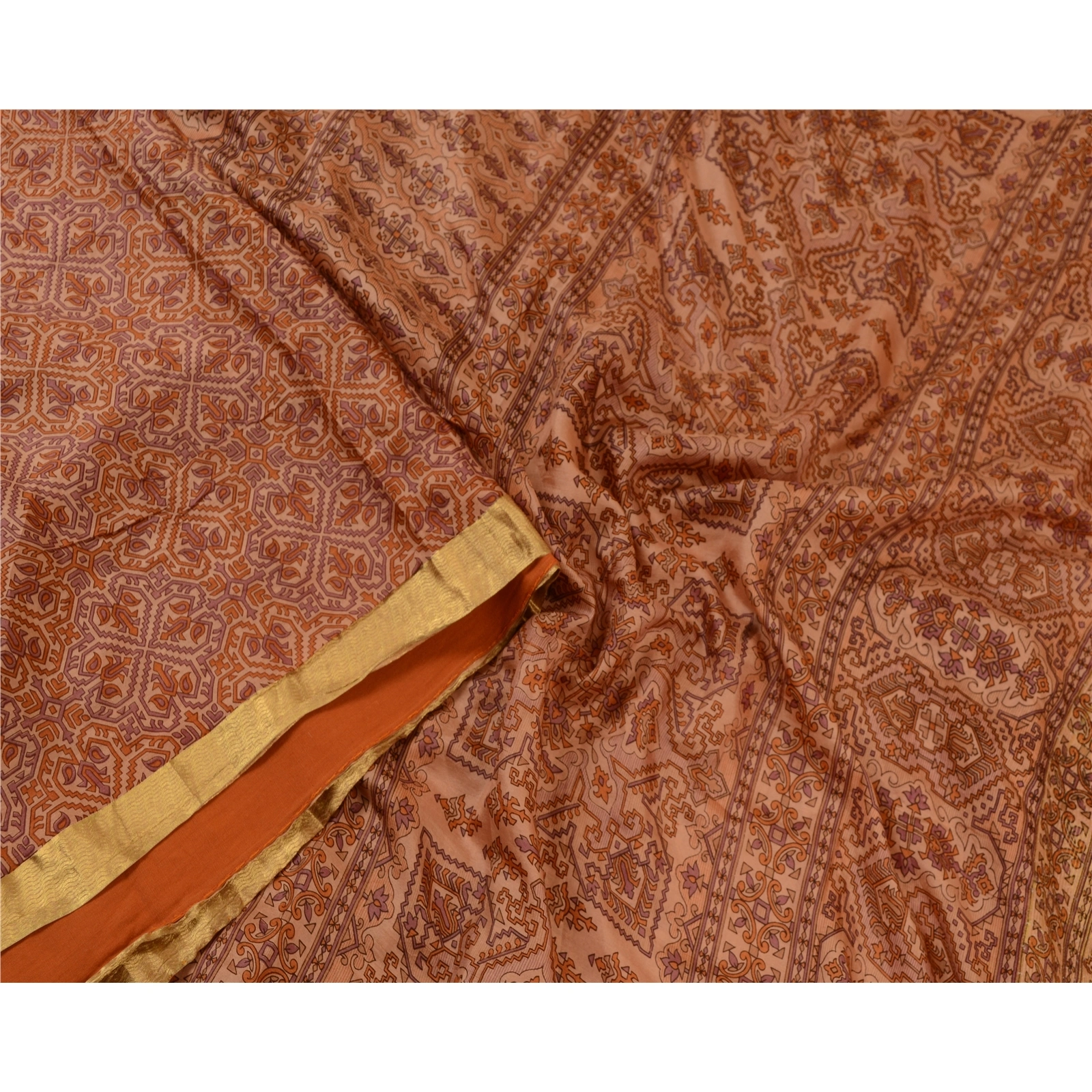 Sanskriti Vintage Sarees Brown Zari Border Pure Silk Printed Sari Craft Fabric, PR-64641-Brown-Pure Silk-3