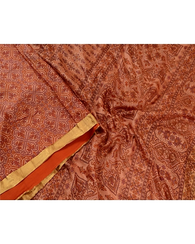 Sanskriti Vintage Sarees Brown Zari Border Pure Silk Printed Sari Craft Fabric, PR-64641-Brown-Pure Silk-3