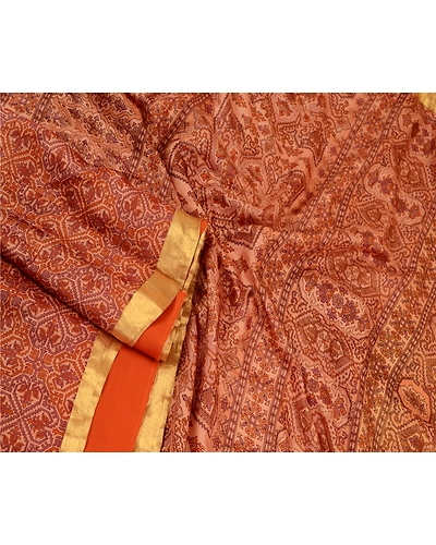 Sanskriti Vintage Sarees Brown Zari Border Pure Silk Printed Sari Craft Fabric, PR-64641-Brown-Pure Silk-4