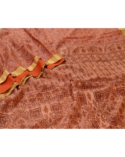 Sanskriti Vintage Sarees Brown Zari Border Pure Silk Printed Sari Craft Fabric, PR-64641-Brown-Pure Silk-5
