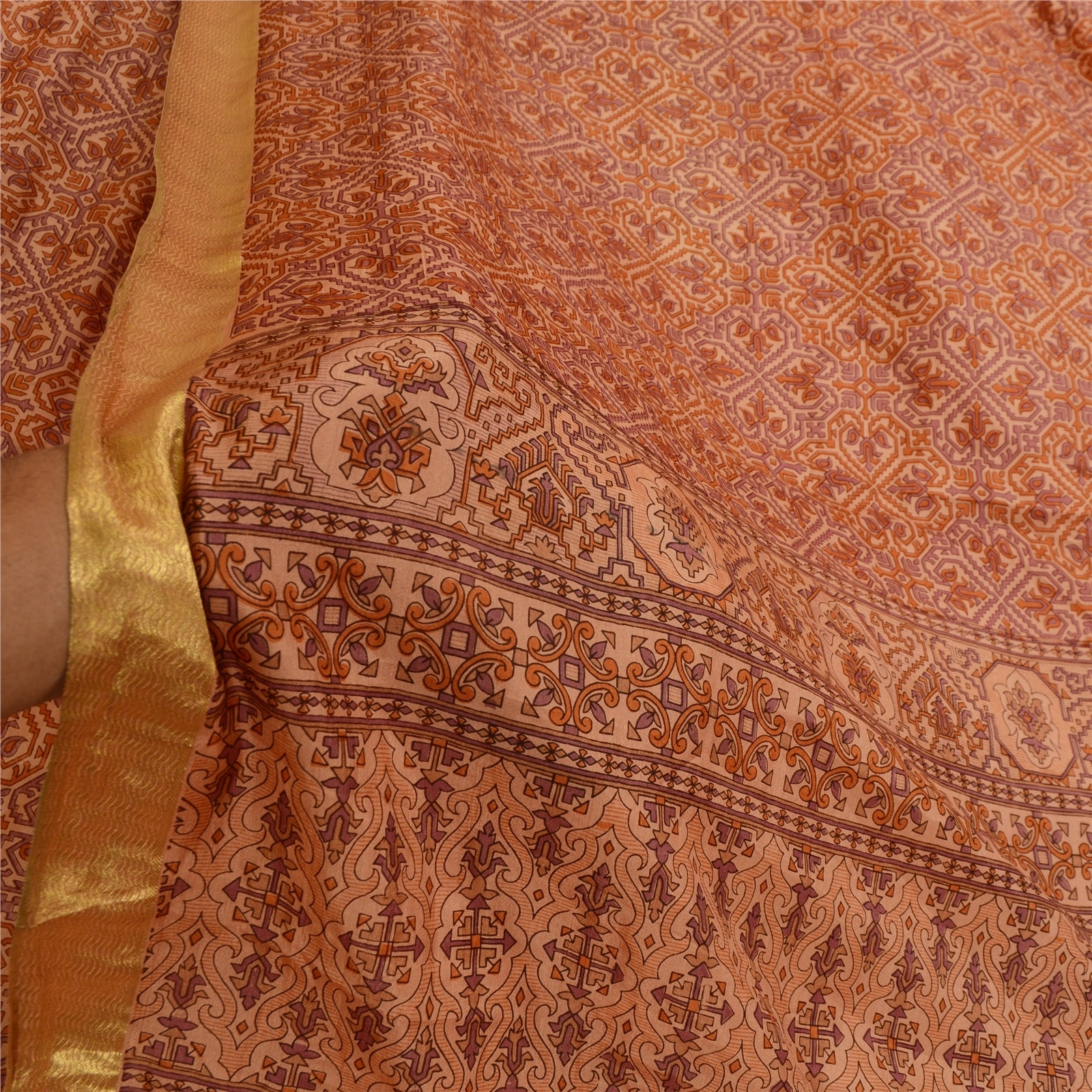 Sanskriti Vintage Sarees Brown Zari Border Pure Silk Printed Sari Craft Fabric, PR-64641-Brown-Pure Silk-8