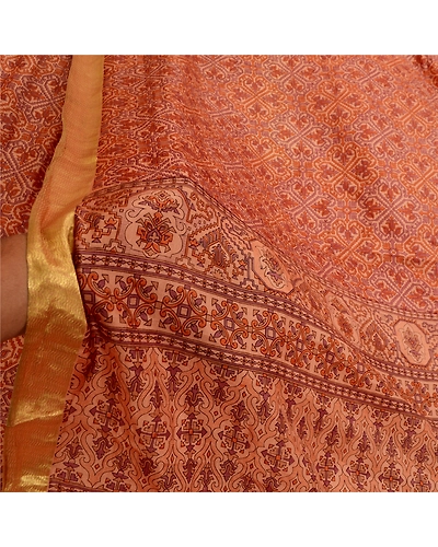 Sanskriti Vintage Sarees Brown Zari Border Pure Silk Printed Sari Craft Fabric, PR-64641-Brown-Pure Silk-8