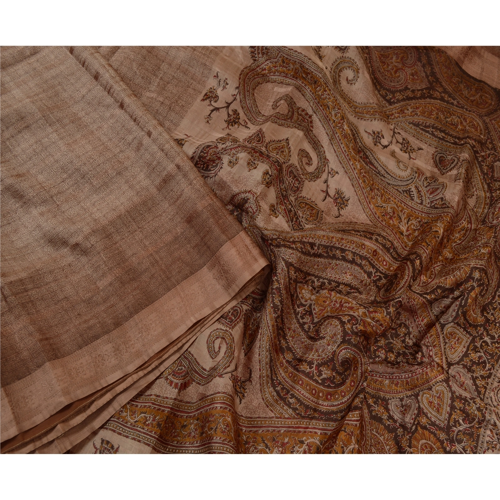 Sanskriti Vintage Sarees Brown 100% Pure Silk Printed Sari 5Yd Soft Craft Fabric, PR-64646-Brown-Pure Silk-3