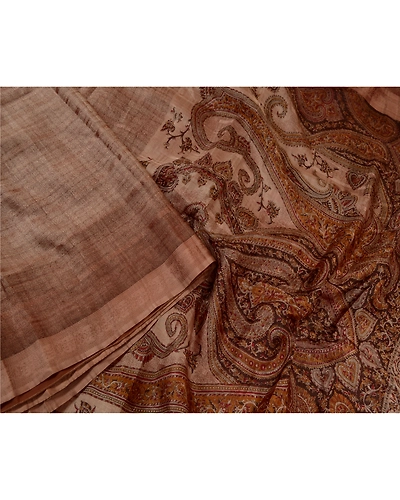 Sanskriti Vintage Sarees Brown 100% Pure Silk Printed Sari 5Yd Soft Craft Fabric, PR-64646-Brown-Pure Silk-3