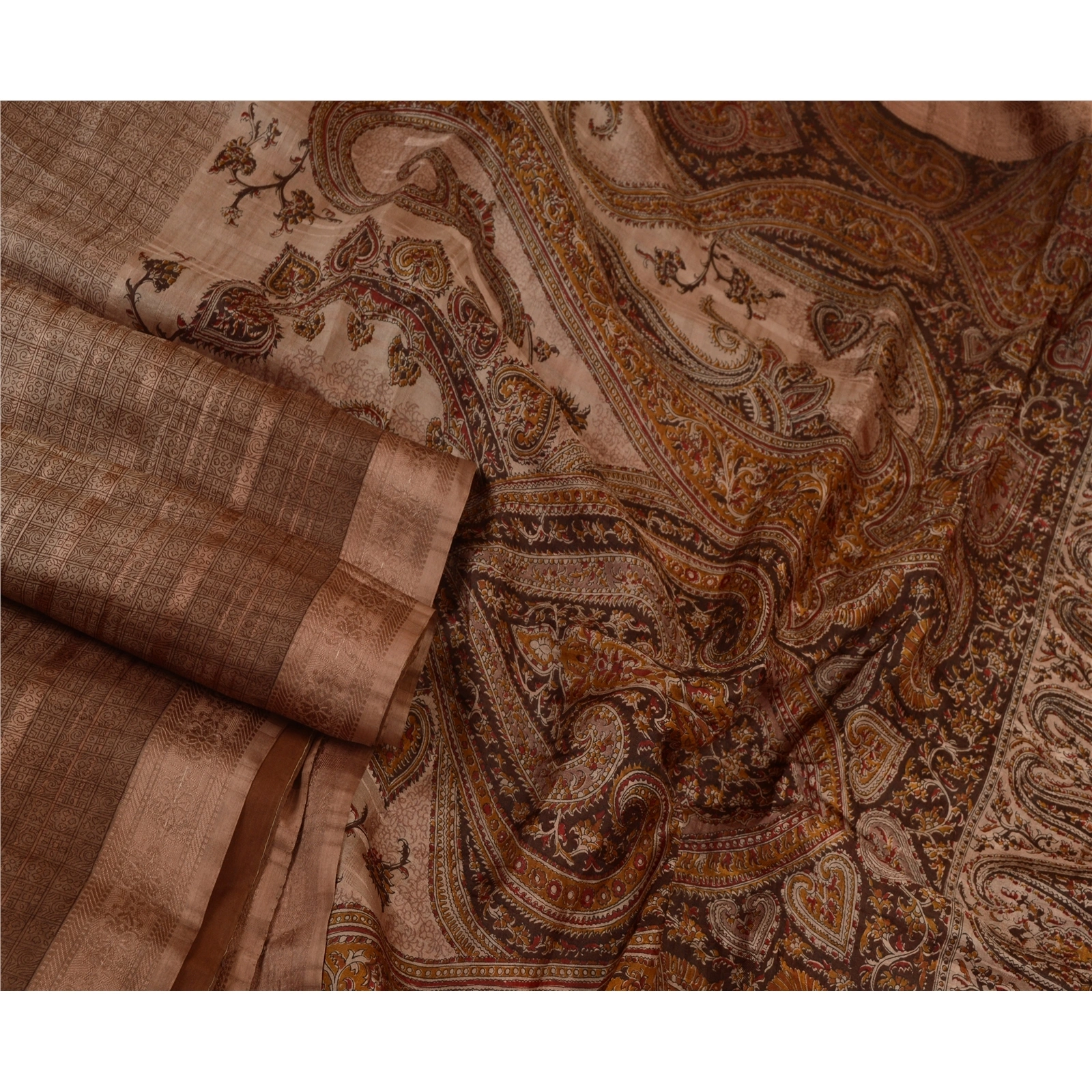 Sanskriti Vintage Sarees Brown 100% Pure Silk Printed Sari 5Yd Soft Craft Fabric, PR-64646-Brown-Pure Silk-4