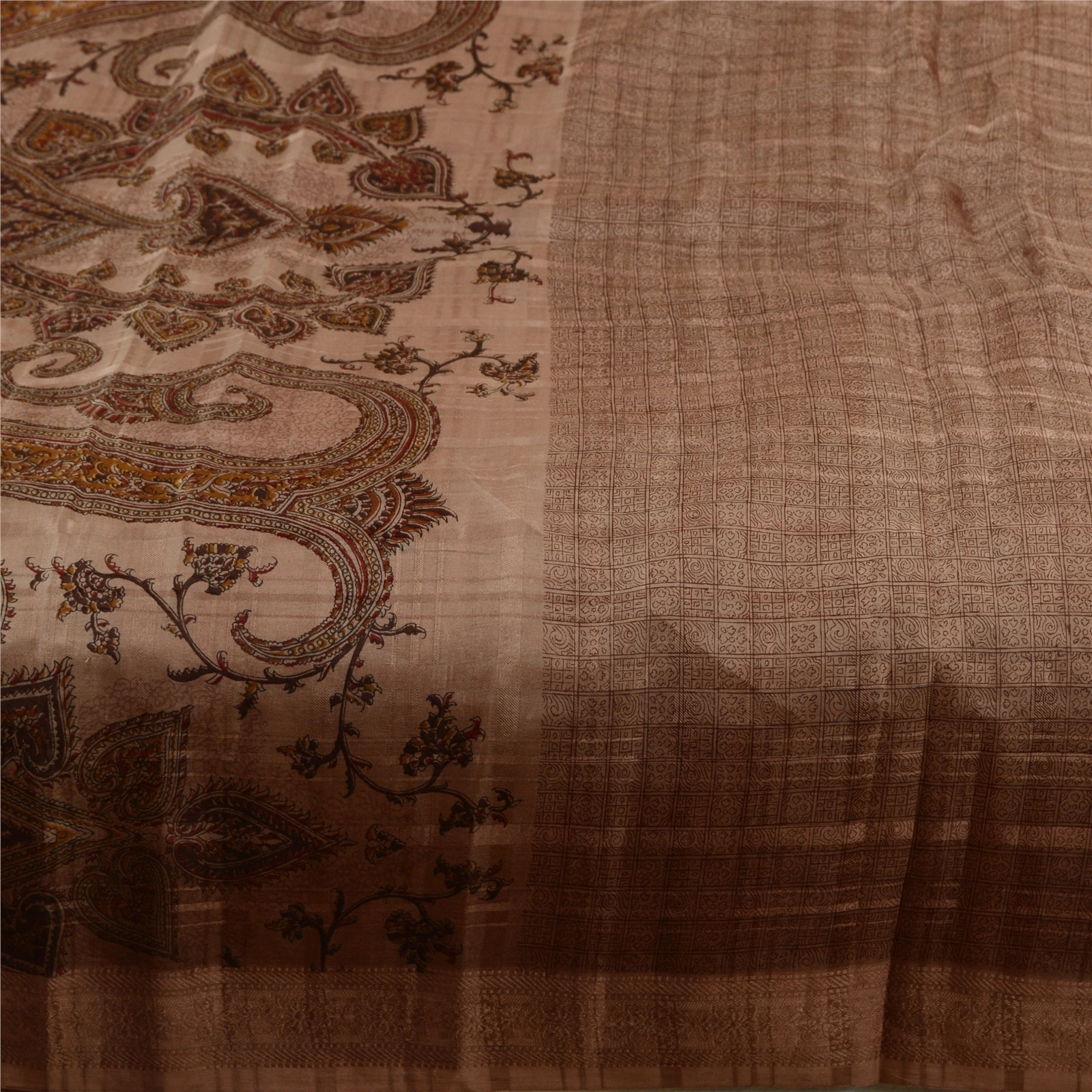 Sanskriti Vintage Sarees Brown 100% Pure Silk Printed Sari 5Yd Soft Craft Fabric, PR-64646-Brown-Pure Silk-6