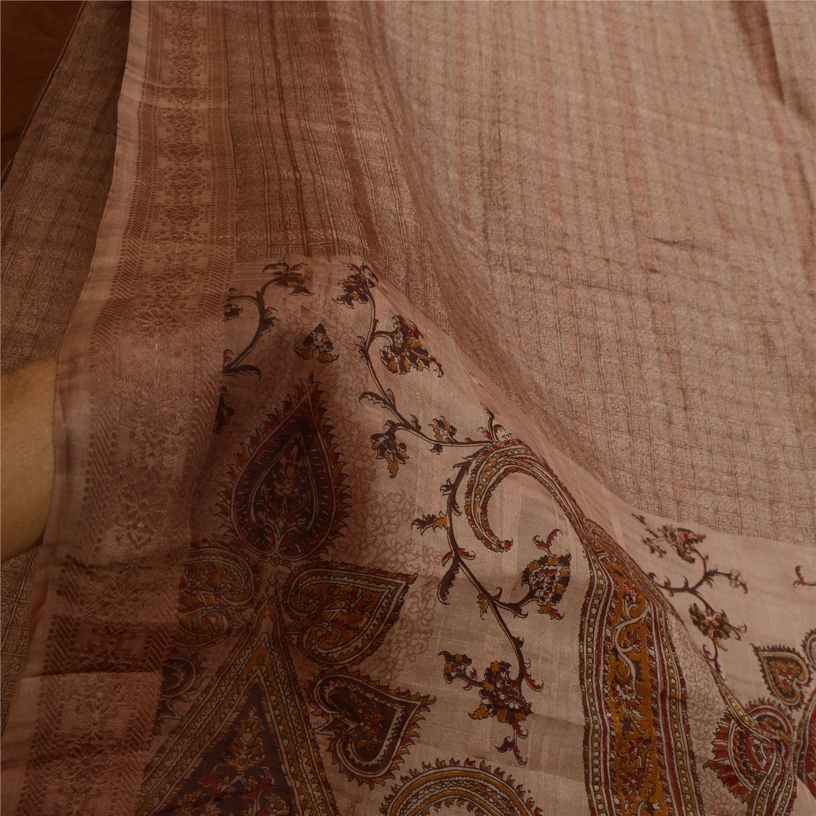 Sanskriti Vintage Sarees Brown 100% Pure Silk Printed Sari 5Yd Soft Craft Fabric, PR-64646-Brown-Pure Silk-8