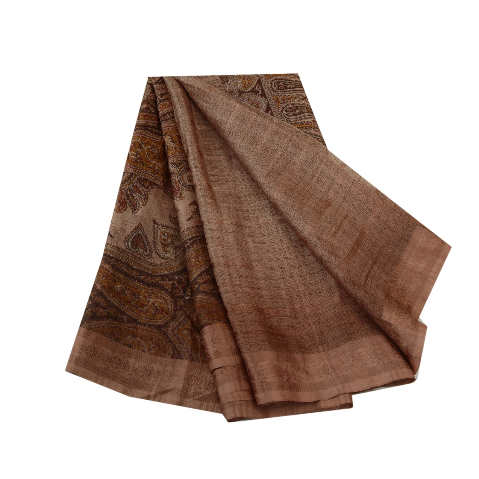 Sanskriti Vintage Sarees Brown 100% Pure Silk Printed Sari 5Yd Soft Craft Fabric, PR-64646-Brown-Pure Silk-10