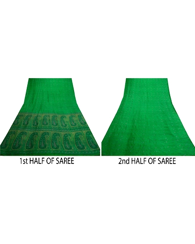 Sanskriti Vintage Sarees Green From India Pure Silk Printed Sari Craft Fabric, PR-64651-Green-Pure Silk-7