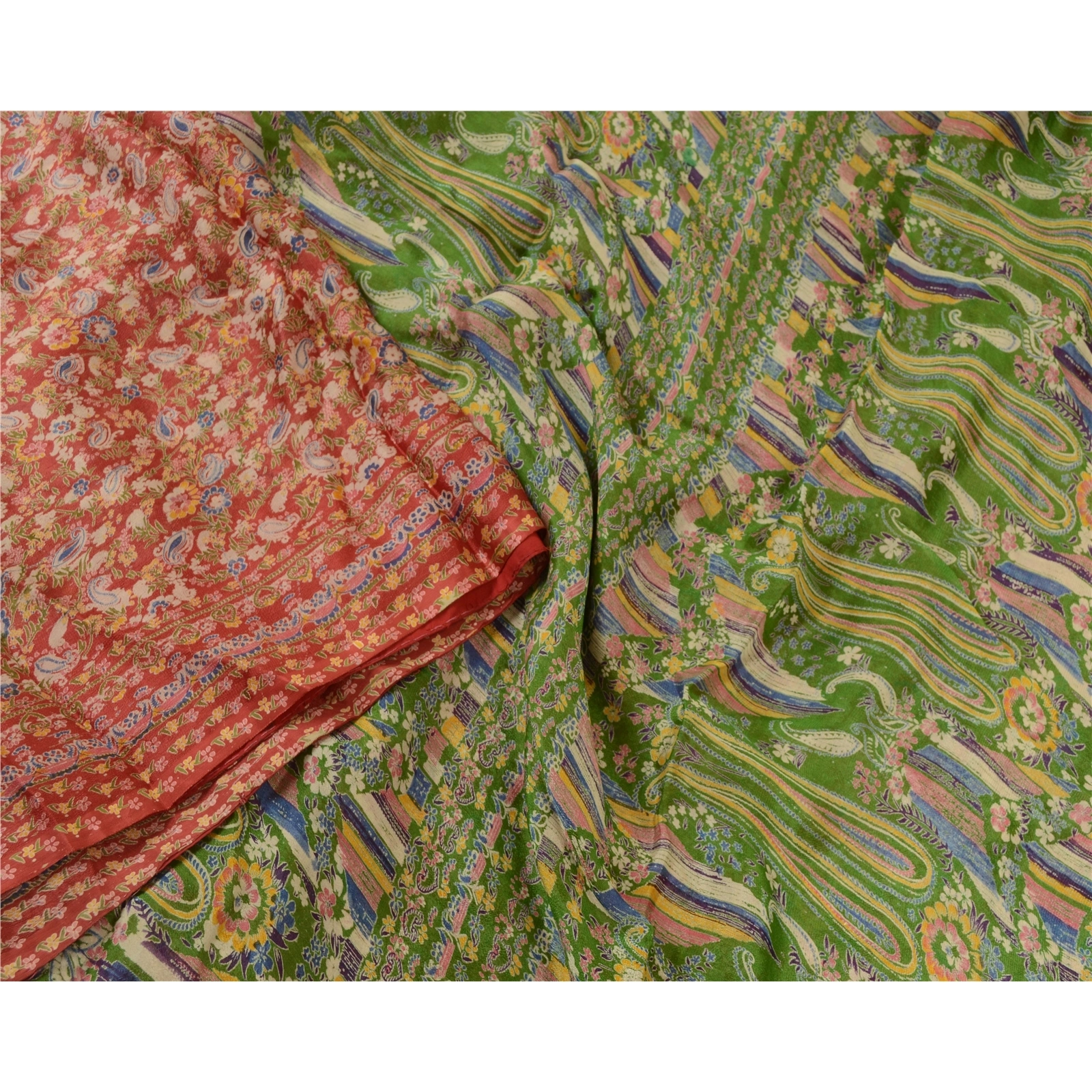 Sanskriti Vintage Sarees Indian Red &amp; Green Blend Silk Printed Sari Craft Fabric, PR-64661-Red &amp; Green-Blend Silk-1