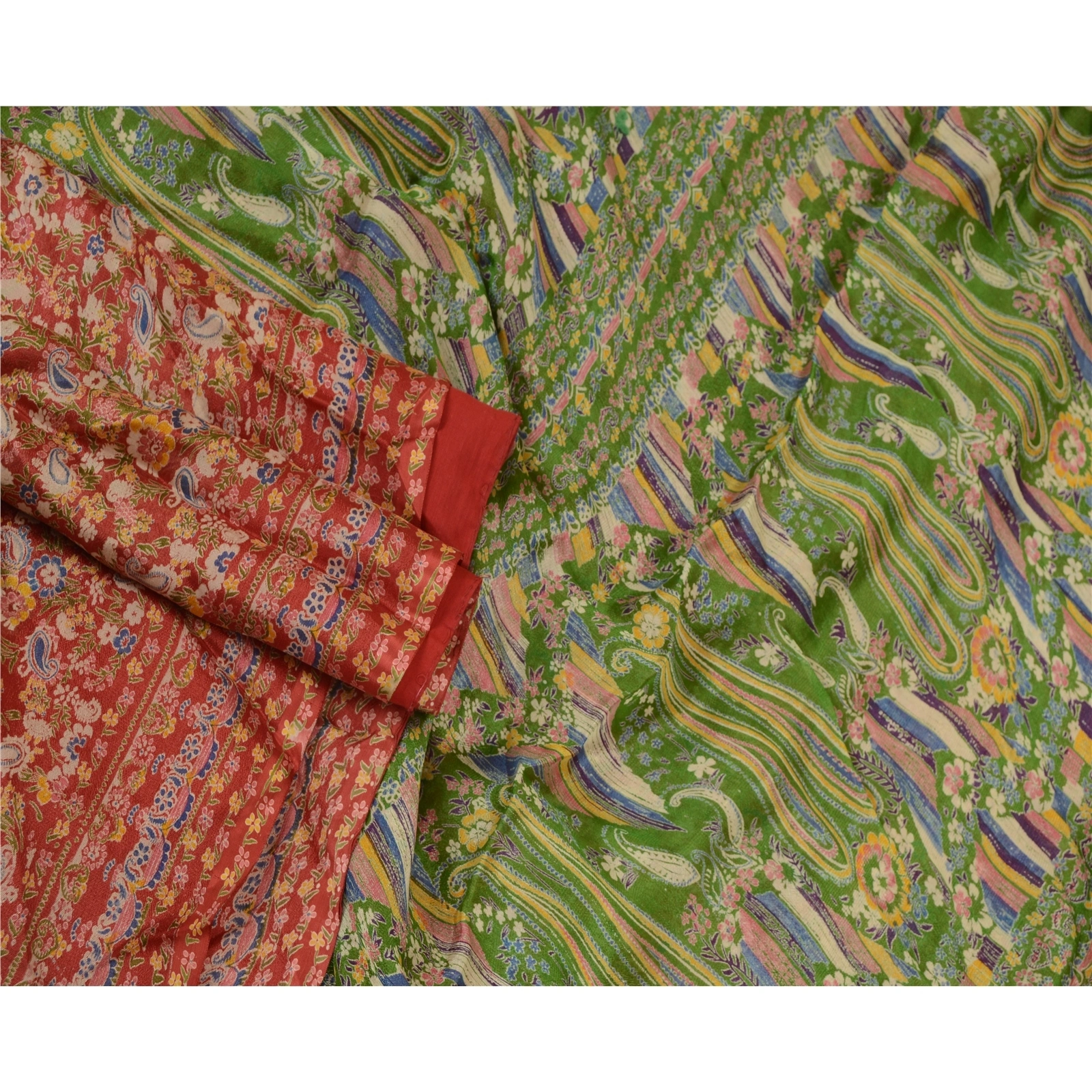 Sanskriti Vintage Sarees Indian Red &amp; Green Blend Silk Printed Sari Craft Fabric, PR-64661-Red &amp; Green-Blend Silk-2