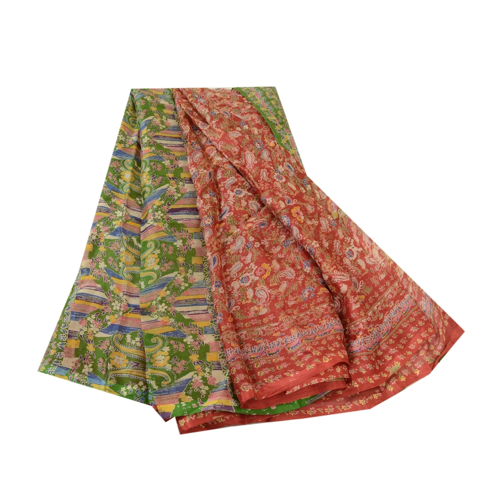 Sanskriti Vintage Sarees Indian Red &amp; Green Blend Silk Printed Sari Craft Fabric, PR-64661-Red &amp; Green-Blend Silk-9