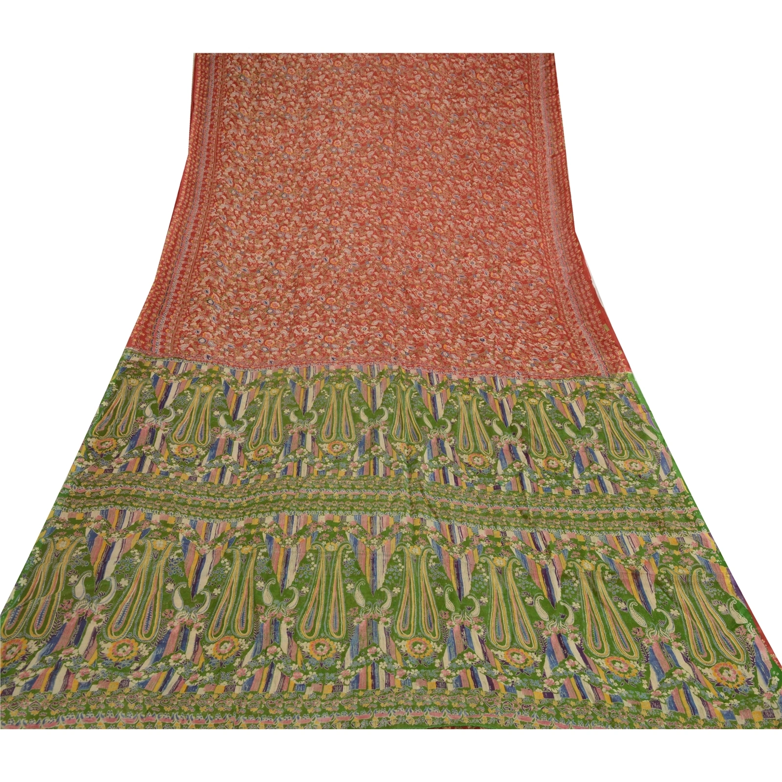 Sanskriti Vintage Sarees Indian Red &amp; Green Blend Silk Printed Sari Craft Fabric, PR-64661-Red &amp; Green-Blend Silk-10