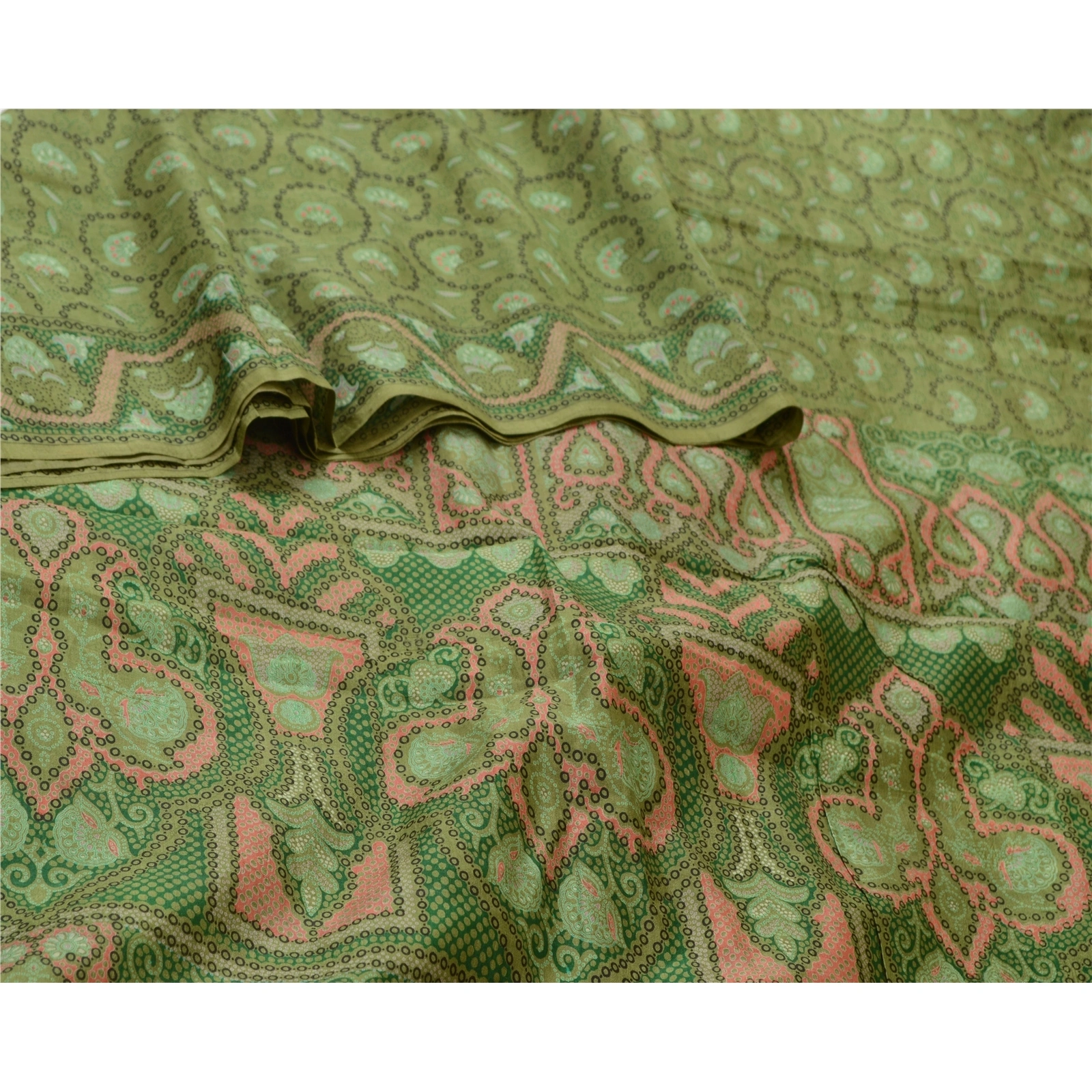 Sanskriti Vintage Sarees From India Green Pure Silk Printed Sari Craft Fabric, PR-64675-Green-Pure Silk-1