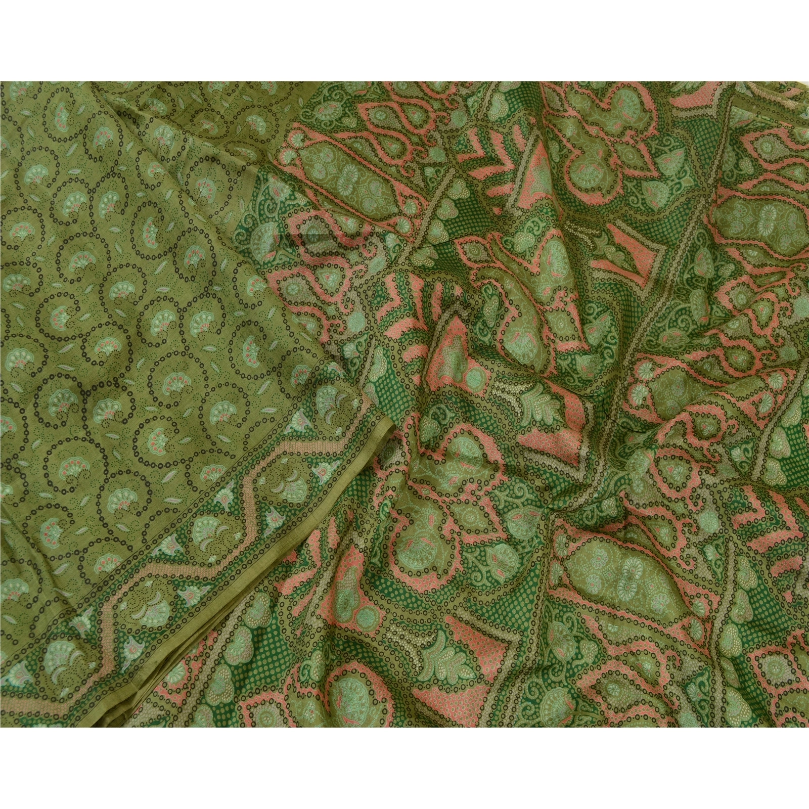 Sanskriti Vintage Sarees From India Green Pure Silk Printed Sari Craft Fabric, PR-64675-Green-Pure Silk-3