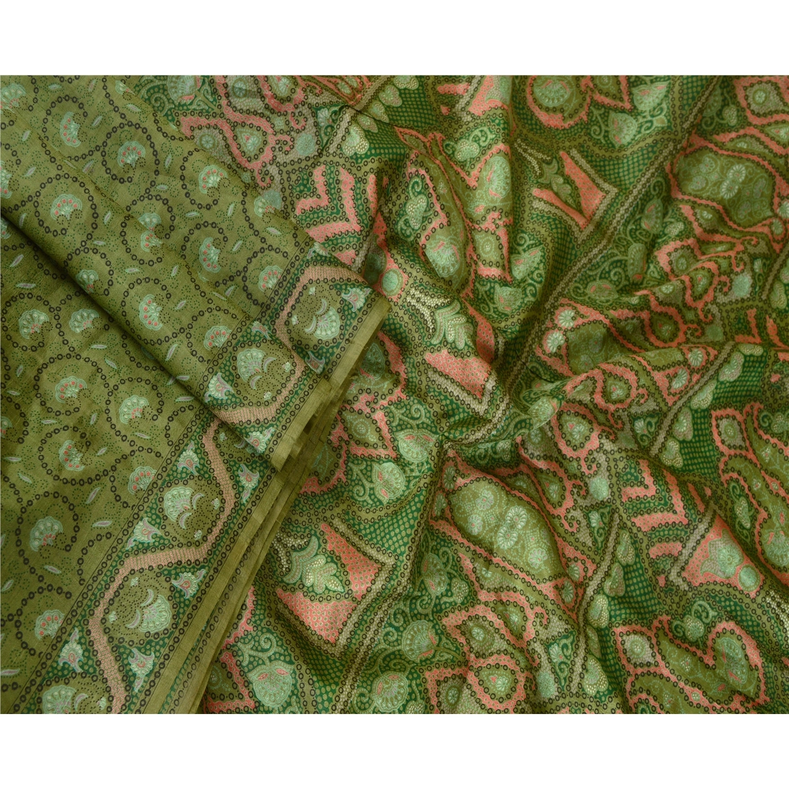 Sanskriti Vintage Sarees From India Green Pure Silk Printed Sari Craft Fabric, PR-64675-Green-Pure Silk-4