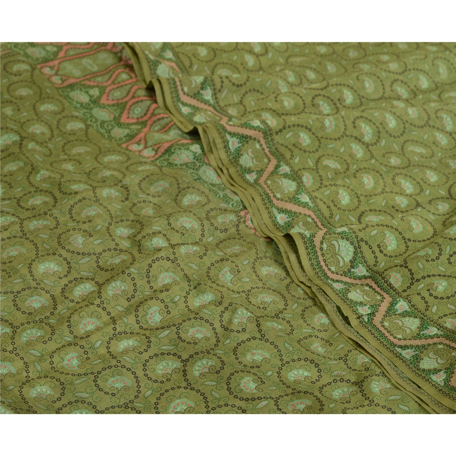 Sanskriti Vintage Sarees From India Green Pure Silk Printed Sari Craft Fabric, PR-64675-Green-Pure Silk-5