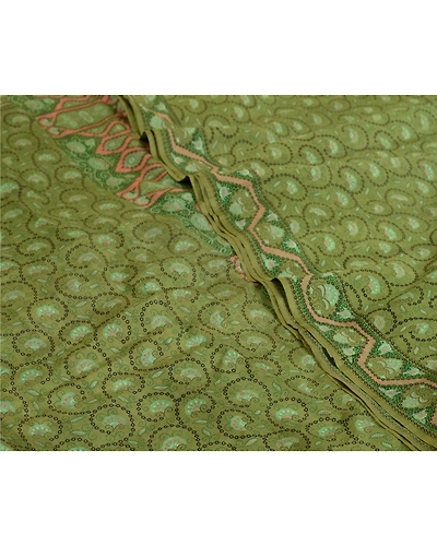 Sanskriti Vintage Sarees From India Green Pure Silk Printed Sari Craft Fabric, PR-64675-Green-Pure Silk-5